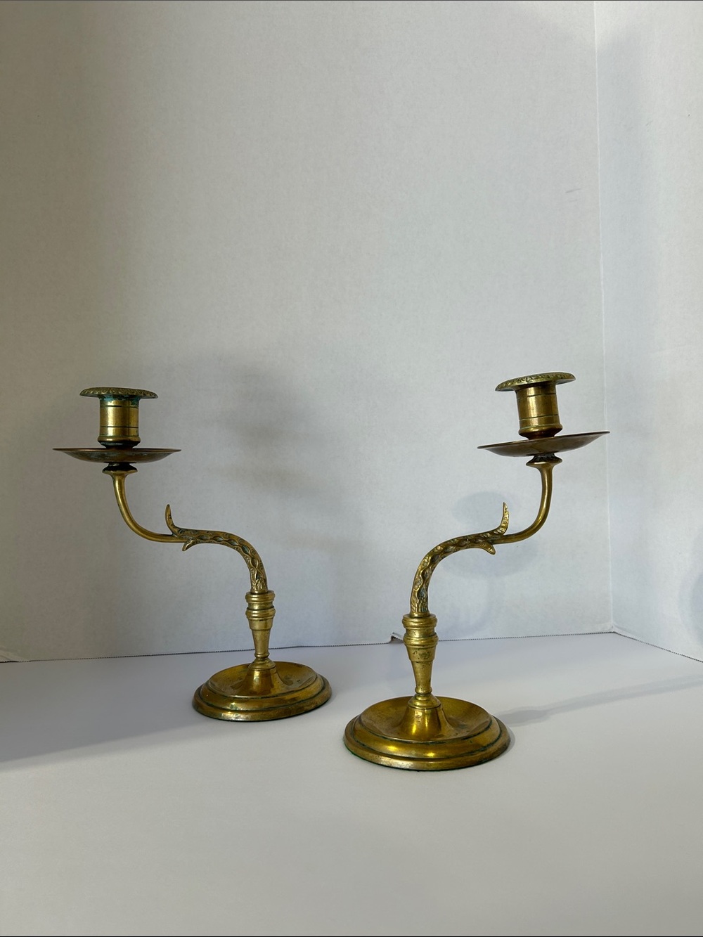 Source Unknown Brass Swan-Arm Candlestick Pair in Gold Tone